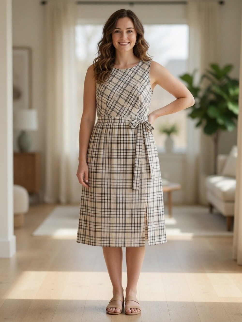 Erika & CO Size M Black And White Plaid Embroidered Sleeveless Dress